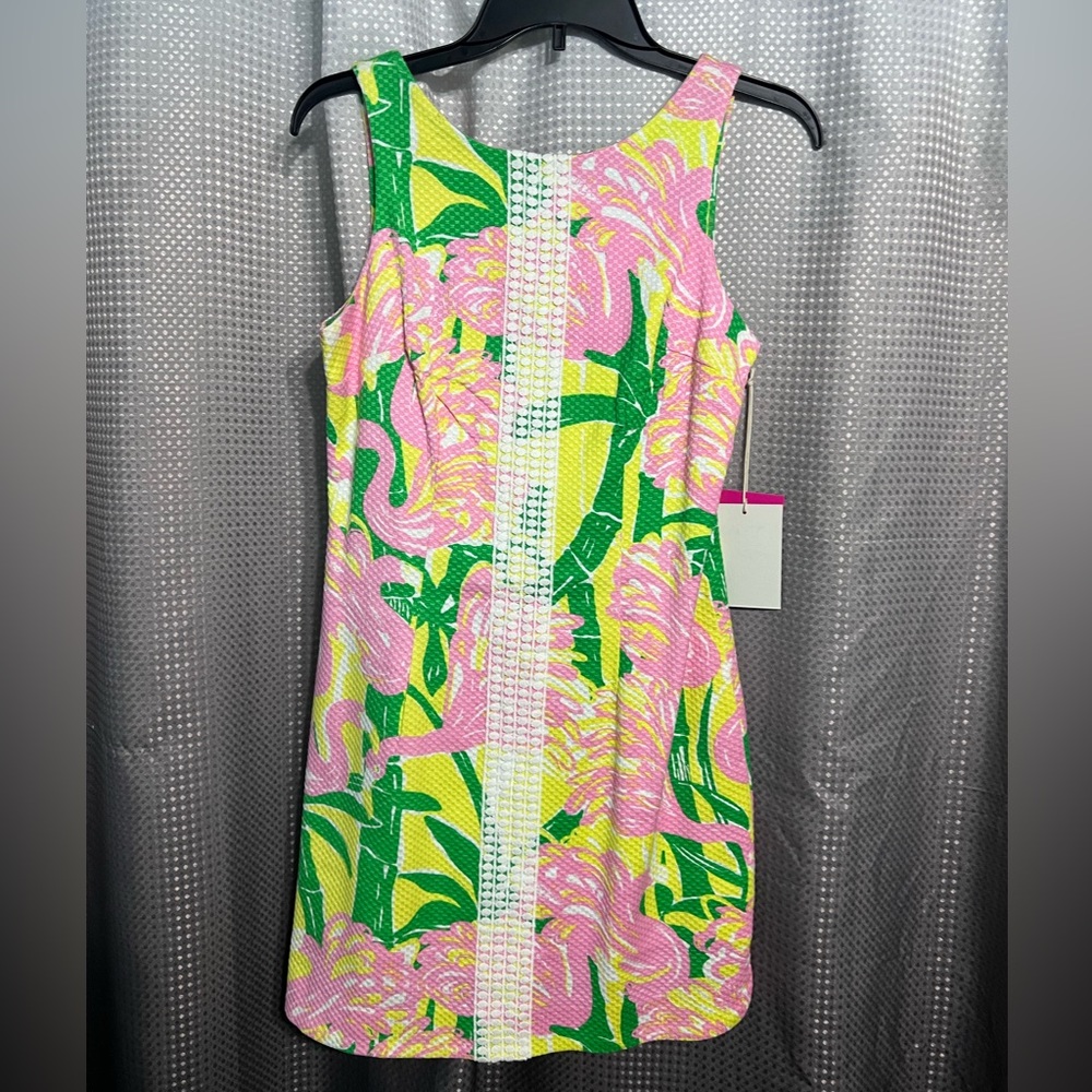 Lilly Pulitzer Pink & Green Tropical Shift Retro Dress with Lace Trim NWT Size 4